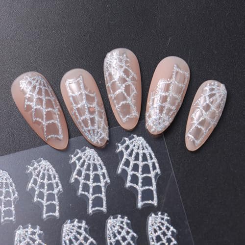 Halloween Nail Stickers Set - Spider Web Holographic Silver Glitter Self-Adhesive for Nails Q1