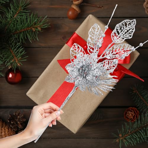 Christmas Tree Ornaments Set - Silver Artificial Flowers & Berry Stems, 24 Pack
