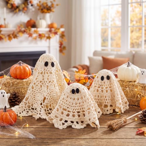 Halloween Ghost Decor Set - Crochet Lace Primitive Figurines with Wooden Bases, Spooky Cute Home Decoration