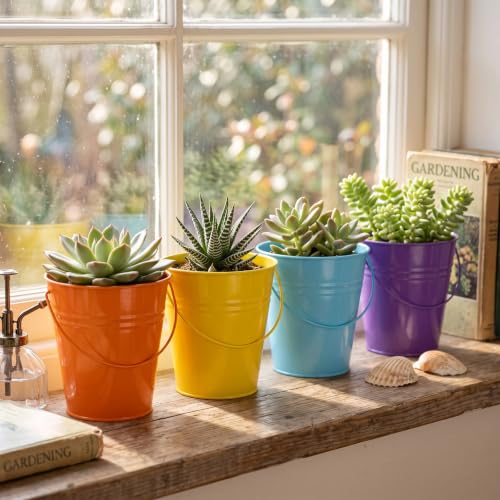 Rainbow Metal Buckets Set of 12 - 6.4 x 3.5 x 7 Inch Mini Pails for Party Decor