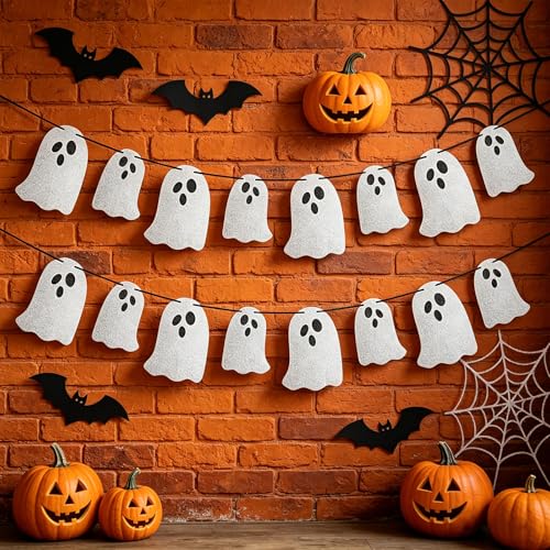 Halloween Ghost Banner Set - 2 Pcs Indoor Spooky Hanging Bunting with Glitter Ghosts - Pkg of 2