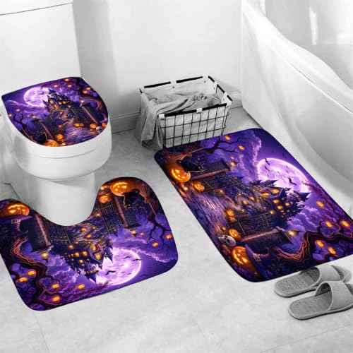 Purple Halloween Bathroom Set with Non-Slip Rug, Shower Curtain & Toilet Lid Cover