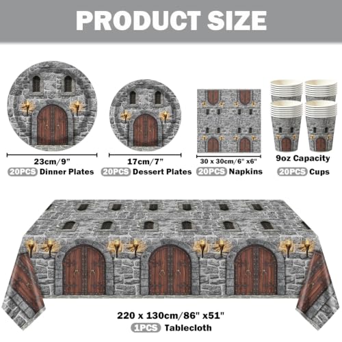 Medieval Party Dinner Plates Cups Napkins Tableware Set for 20 - Castle Stone Wall Decor