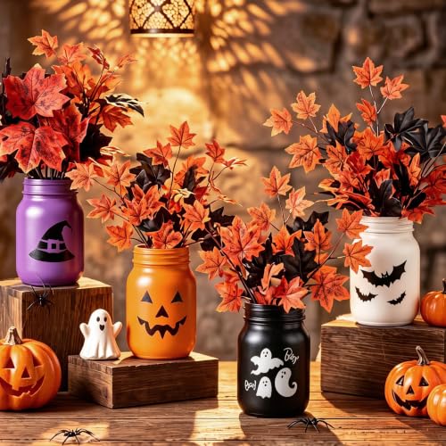 Halloween Mason Jar Centerpieces Set of 4 with Fake Leaves - Spooky Table Decor