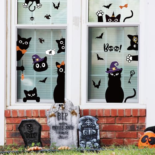 Halloween Black Cat Window Clings - Double-Sided Boo Decal Set for Glass & Mirrors, 4 Sheets