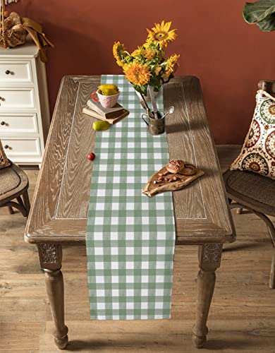 Sage Green Buffalo Plaid Table Runner 48 Inch - Farmhouse Kitchen Decor - Sage Green & White