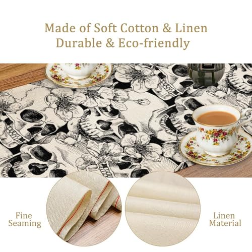 Gothic Table Runner White Skull Flowers Rose Pattern - 13x36in - Farmhouse & Wedding Decor