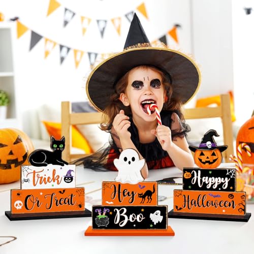 Halloween Wooden Table Signs Set - Ghost Pumpkin Bat Black Cat Decor - 3 Pieces