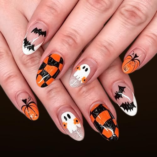 Halloween Press On Nails Almond with Ghost, Spider Web, Pumpkin, Bat & Flower - Style 26