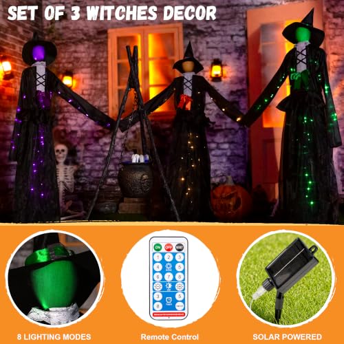 3 Witches Halloween Light Up Decoration Set - Outdoor Ghostly Yard Prop with Solar Power & Remote