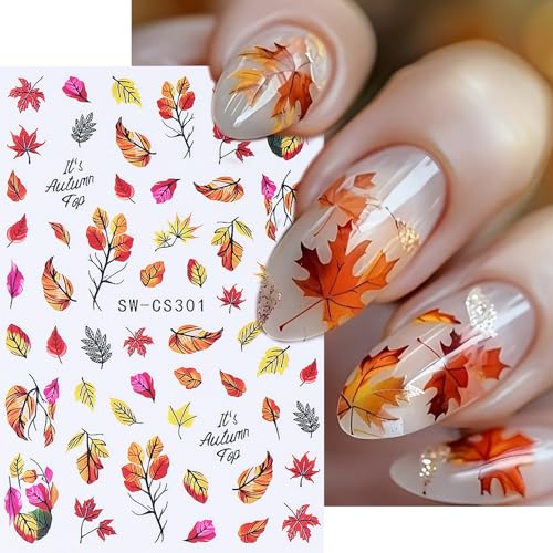 Fall Nail Art Stickers 6 Sheets Autumn Maple Leaf Pumpkin Owl Designs Thanksgiving Decorations