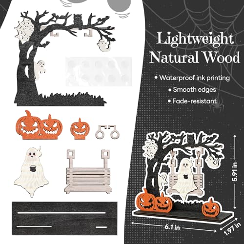 Halloween Ghost Swing Wooden Tabletop Ornament T1 - Creepy Forest Scene Decor