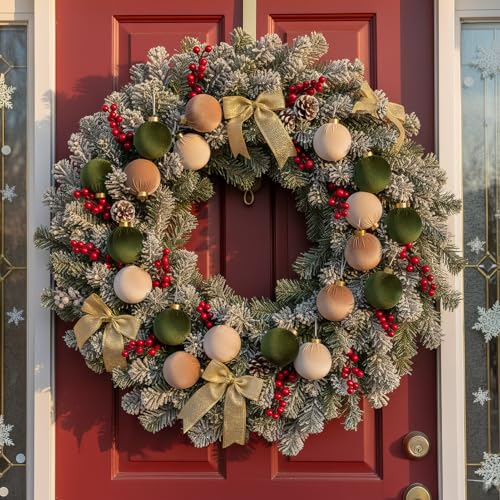 15Pcs Velvet Christmas Ornaments Set - Dark Green, Champagne, Kaki - Shatterproof Holiday Decorations