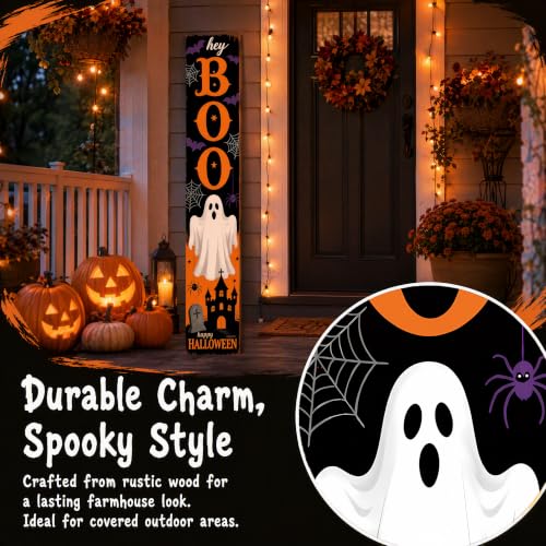 Hey Boo Halloween Porch Sign - Rustic Wooden Welcome Decoration with Ghosts & Tombstones - 47.2 Inch Vertical Farmhouse Style Halloween Sign - Variation: Hey Boo-2026