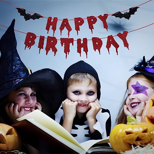 Halloween Birthday Banner - Red Glitter Dripping Blood & Bat Accents - Gothic Horror Party Decorations - Variation of THIS Listing
