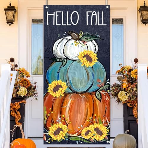 Fall Pumpkin Front Door Cover - Autumn Halloween Welcome Decor