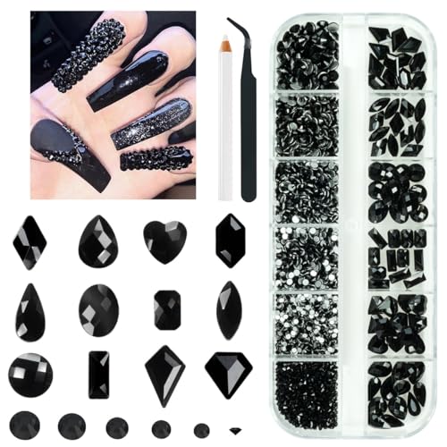 Black Nail Art Rhinestones Kit - 2052pcs Multi-Shaped Flatback Gems with Beads & Tools - Jet Black / A Set
