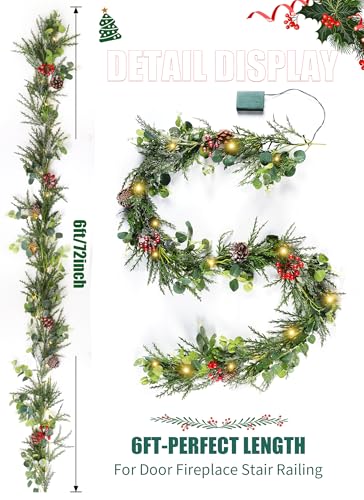 Prelit Christmas Garland with Lights - 6 Feet Norfolk Pine & Eucalyptus - Battery Operated, Variation: Pinus Banksiana / 1 Pack