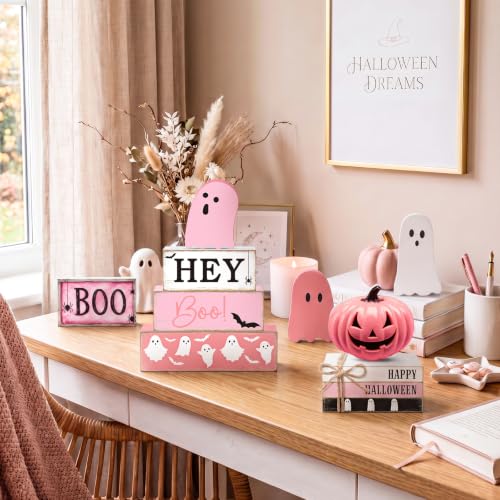 Pink Ghost Halloween Wooden Tiered Tray Decor Set - Spooky Season Centerpiece