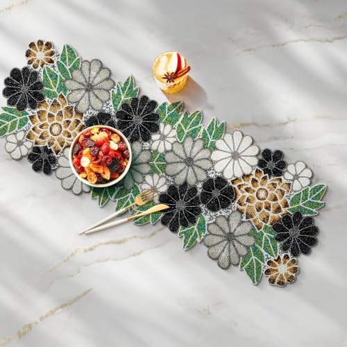 Beaded Table Runner 36 Inch Long Christmas Flower Design Grey Multi - Variation of THIS listing