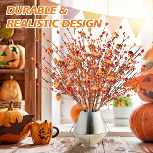 Artificial Fall Berry Stems with Orange Pumpkins & Glitter Picks - 6 Pieces