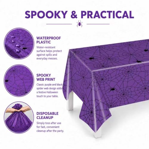 Purple Spider Web Halloween Plastic Tablecloths - Pack of 3, 54x108 Inches