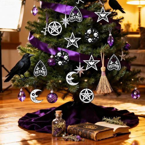Gothic Christmas Wood Ornaments Set - Witch, Moon, Star Decorations, 25 Pieces