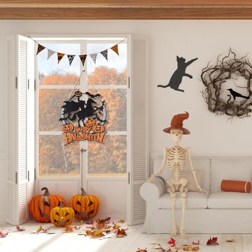 Halloween Welcome Sign for Front Door Headless Horseman Pumpkin Bat Wooden Hanging Sign Halloween Decor