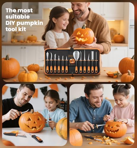 Pumpkin Carving Kit for Halloween - 13Pcs Stainless Steel Tools with Carrying Case - Black & Orange