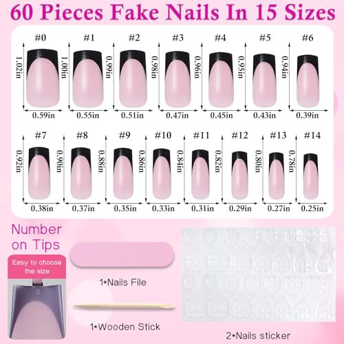 Black French Tip Press On Nails Square Medium 60pc Kit with Nail Files & Adhesive
