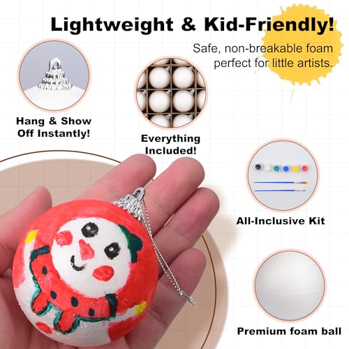 DIY Foam Ornament Kit with Paints & Brushes - 20 White Craft Balls for Holiday Decorations