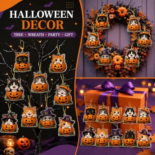 Halloween Cat Pumpkin Ornaments Set - P23, 10pcs Spooky Cute Tree Decorations