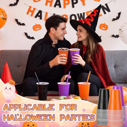 Halloween Disposable Plastic Cups with Straws - 120 Pcs Orange Black Purple