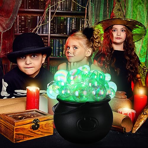 Halloween Bubbling Cauldron Set with 40 Ball Ornaments, Lights, Webs & Spiders - Warm White & Green