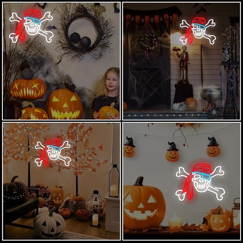 Pirate Neon Lights Skull Neon Sign - Red Bandana & Blue Eyepatch - USB Powered LED Decor - Variation: BCB-Red