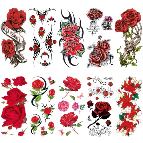 Large Red Rose Temporary Tattoos for Women - 10 Sheets, Waterproof & Long-Lasting, Arm & Thigh Body Art, Variation: Red Rose