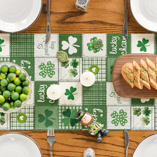 Buffalo Plaid St. Patrick's Day Table Runner 13x120 Inch - Green & Beige