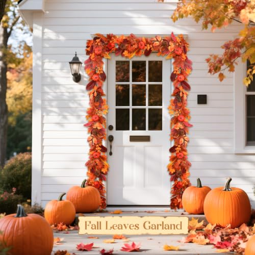 Orange Fall Garland with Lights and Timer - 6ft Autumn Decor with Pumpkins & Leaves
