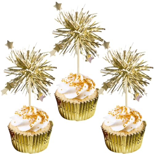Foil Firework Cupcake Toppers - Light Gold Star Party Decoration 30Pcs