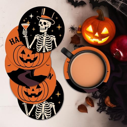 Halloween Ghost & Skeleton Coasters Set of 6 - Ceramic Stone Drink Protectors with Cork Bottom & Holder - Skeleton Castle Ghost Variation