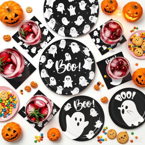 Ghost Halloween Party Supplies Set - Black Boo Variation, Paper Plates & Napkins, 180PCS