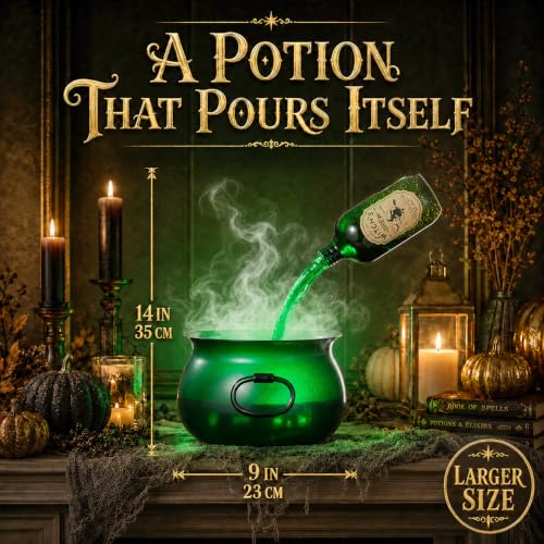 Halloween Magic Cauldron with Floating Potion Bottles, Fog & Glow Effect