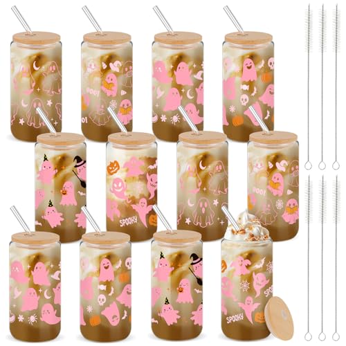 Halloween Glass Cups with Bamboo Lids & Straws - 12 Pink Ghost Skull Bat Designs 16oz