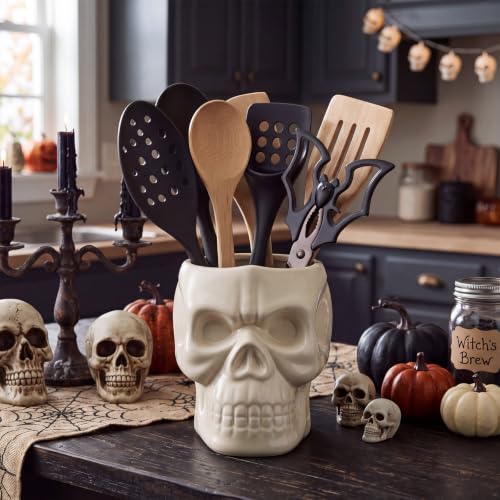 Ceramic Skull Utensil Holder for Kitchen - Gothic Kitchen Accessories, White Skull