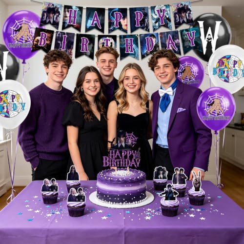 Halloween Party Decorations Set with Balloons Banner & Toppers - Purple Black 32pcs