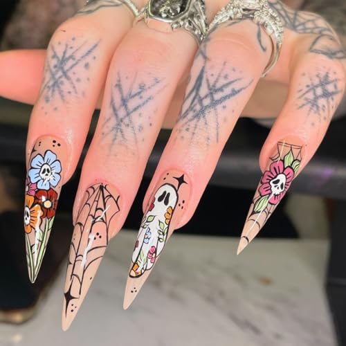 Halloween Long Almond Press-On Nails with Stars Spider Web Ghost Designs - Q24