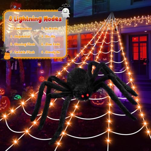 Orange Halloween Spider Web with 250 LED Lights & 59-Inch Giant Spider