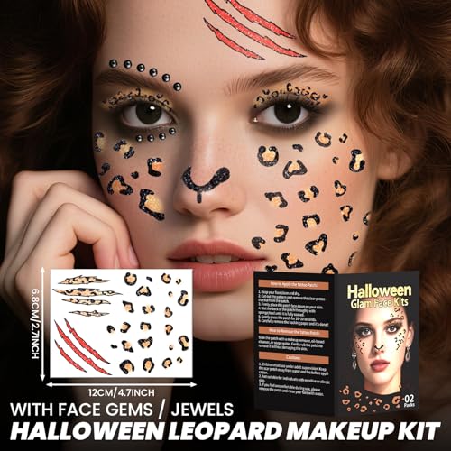 Halloween Leopard Face Paint Tattoos & Black Face Gems - Variation of Leopard Face Tattoos