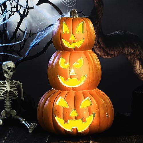 Halloween Pumpkin Decor 3-Tier 14-Inch Jack O Lantern with LED Lights - Orange