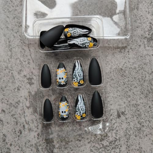 Halloween Fake Nails Press On Almond Nails Ghost Design Black Matte Full Cover